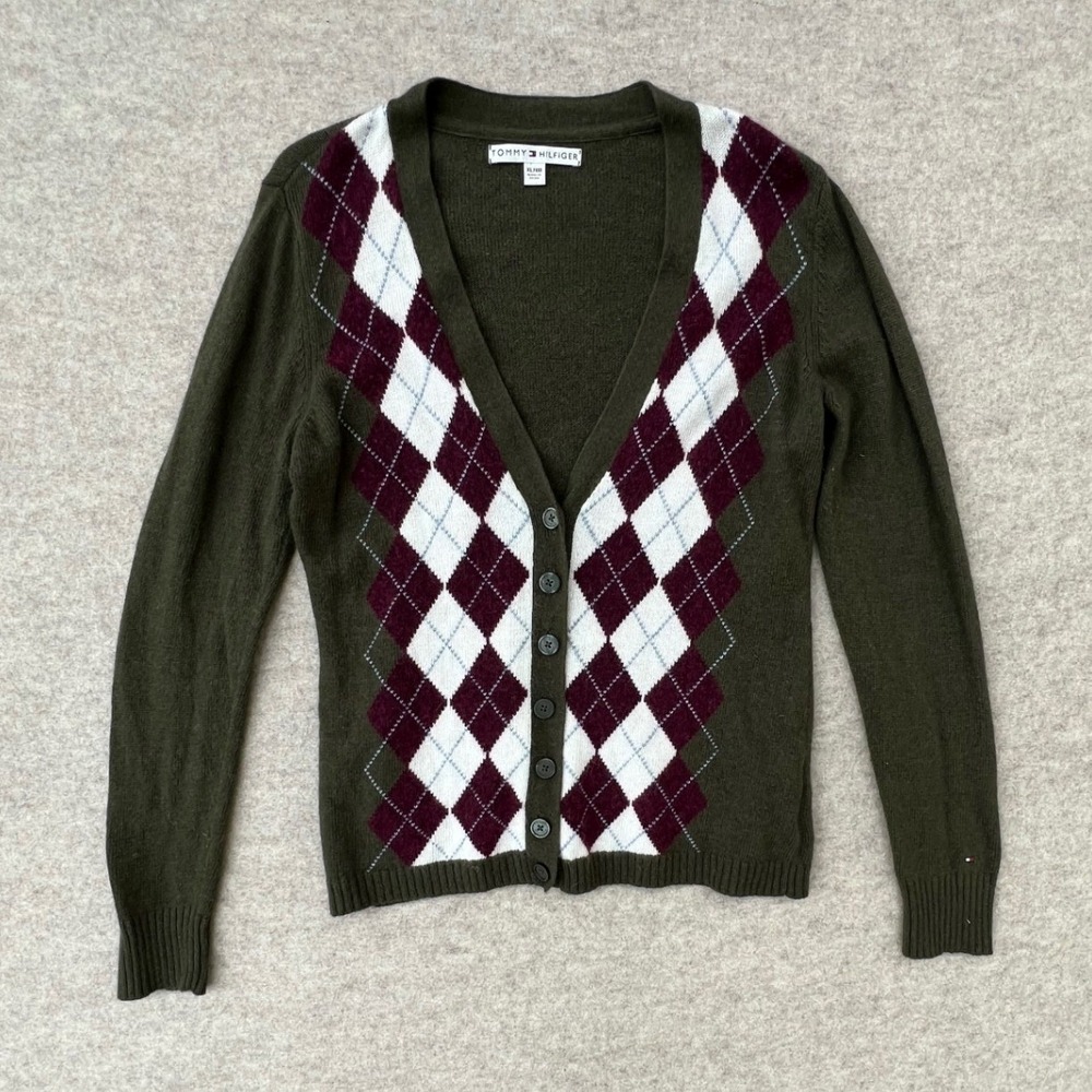 Tommy Hilfiger Cardigan Womens XL Green Good Argyle Wool Angora Blend V-Neck - Picture 2 of 9